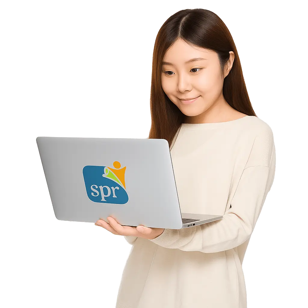 Smiling remote assistant holding laptop branded with Search Party Recruiting, ready to support US teams