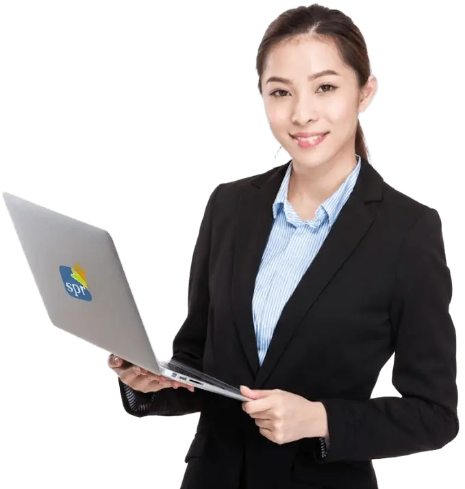 Professional woman smiling while using a laptop with the Search Party Recruiting logo, representing remote staffing services