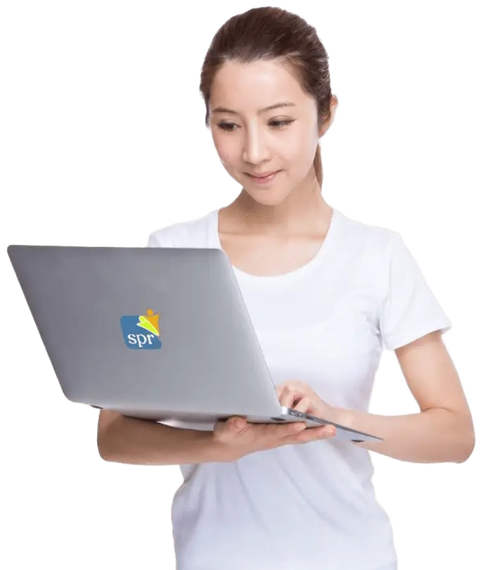 Professional remote worker holding laptop with Search Party Recruiting branding