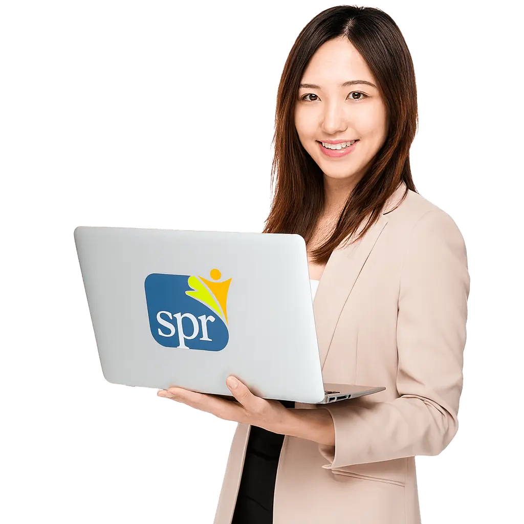 Professional recruiter holding SPR-branded laptop while supporting Search Party Recruiting&rsquo;s remote staffing services