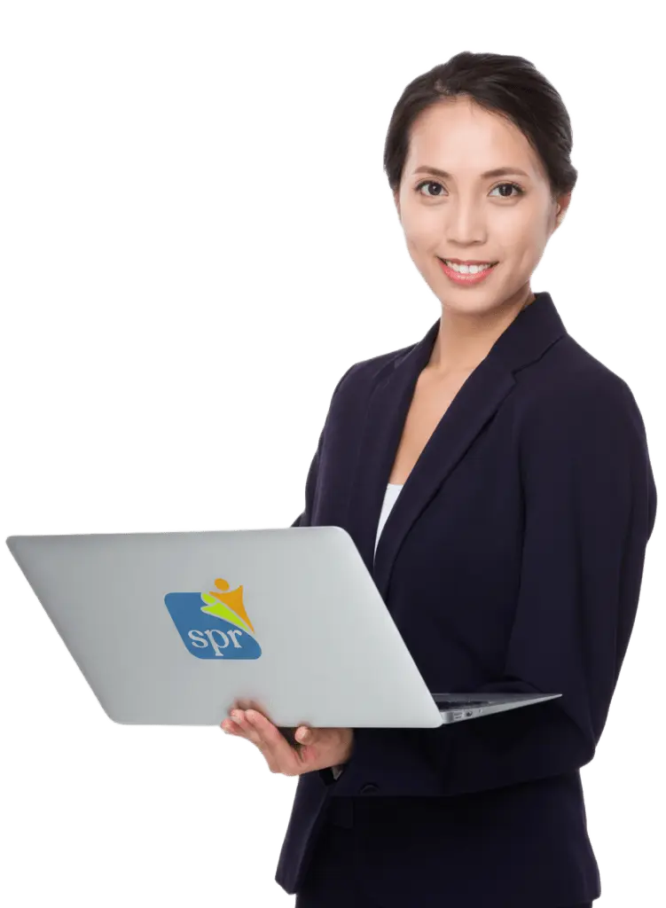 Smiling specialist holding laptop with SPR logo while managing Search Party Recruiting&rsquo;s remote tasks and operations