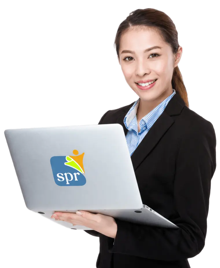 Smiling professional woman holding a laptop with the Search Party Recruiting logo, representing virtual staffing services.