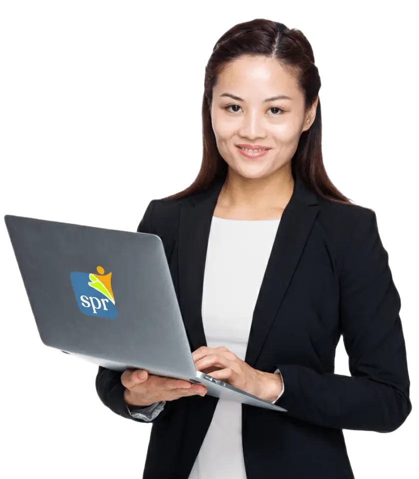 Professional woman smiling while using a laptop with the Search Party Recruiting logo, representing virtual staffing services