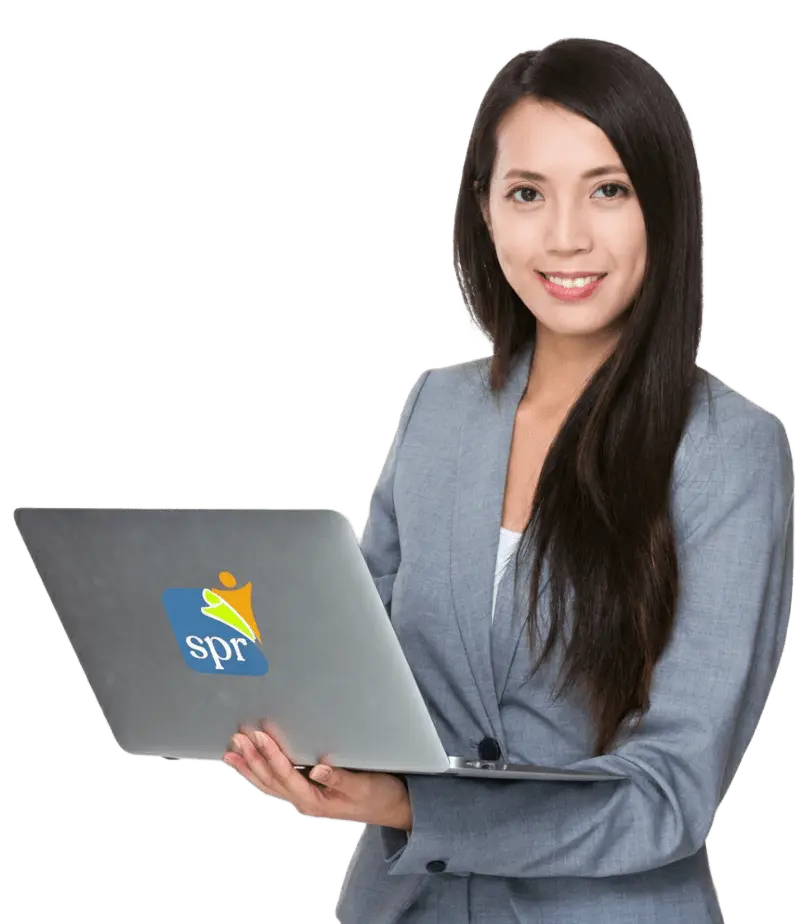 Professional woman holding a laptop with the Search Party Recruiting logo, representing remote staffing support