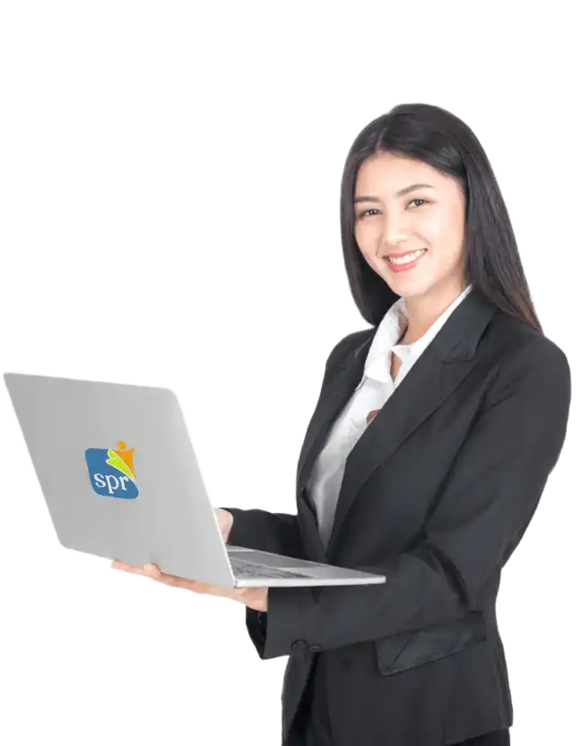 Smiling recruitment professional showcasing Search Party Recruiting laptop, representing expert remote staffing support