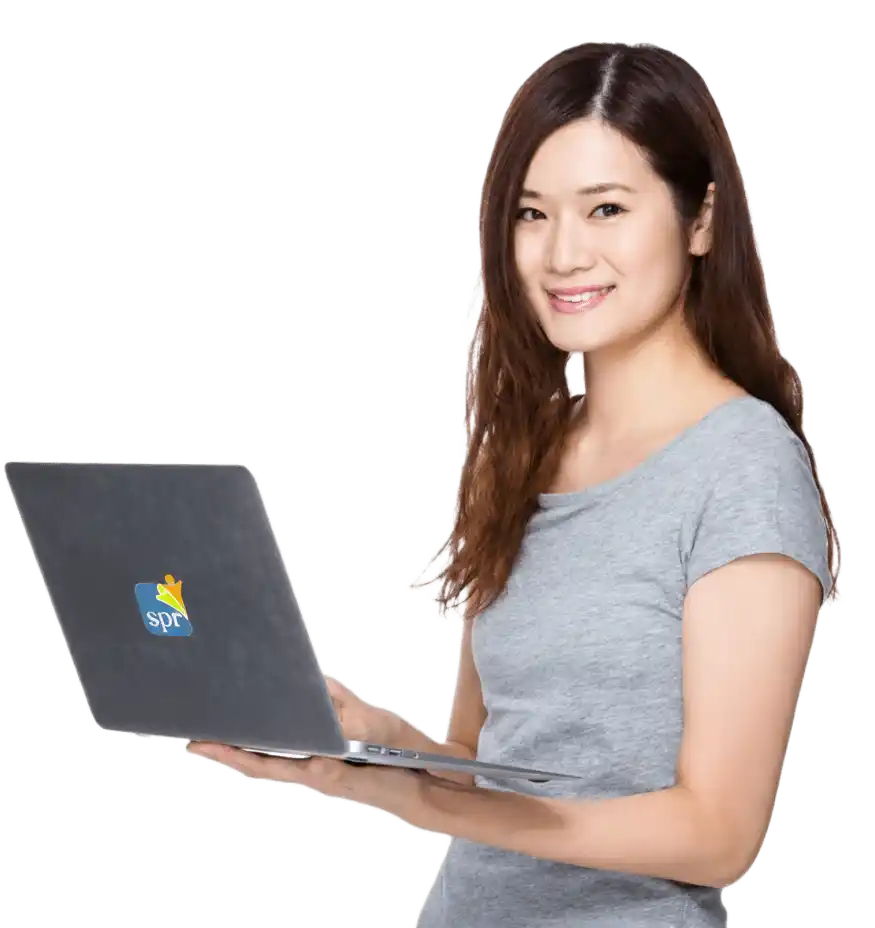Smiling woman holding a laptop with the Search Party Recruiting logo, representing virtual assistant services