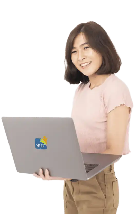Smiling professional woman holding a laptop with the Search Party Recruiting logo, representing virtual staffing services