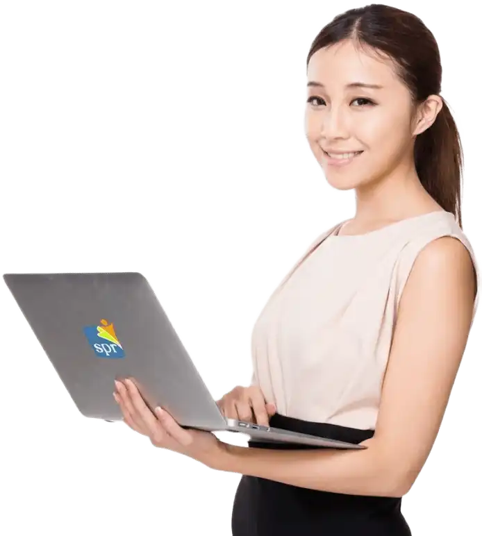 Professional woman using laptop with SPR logo, showcasing Search Party Recruiting&rsquo;s remote staffing services