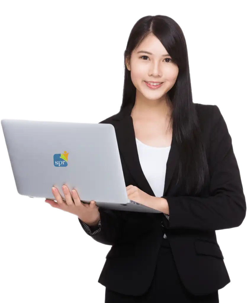 Professional remote staffing specialist using laptop with SPR logo for Search Party Recruiting services