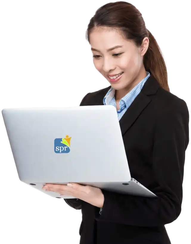 Remote staffing professional working on laptop featuring Search Party Recruiting branding