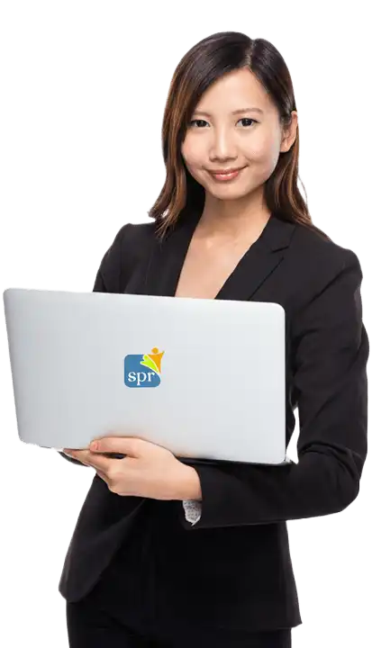 Professional woman holding a laptop with the Search Party Recruiting logo, representing virtual staffing services
