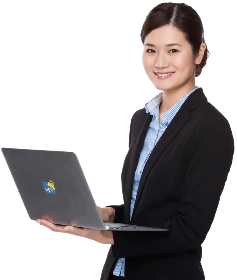 Professional remote assistant holding a laptop with the Search Party Recruiting logo, representing offshore staffing support