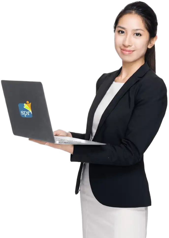 Professional woman holding a laptop with the Search Party Recruiting logo, representing remote staffing services