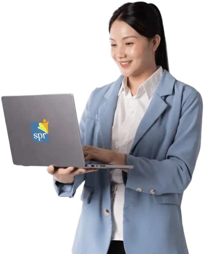 Professional woman working on a laptop with the Search Party Recruiting logo, representing remote staffing solutions