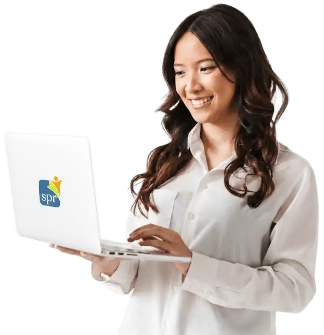 Smiling professional woman working on a laptop with the Search Party Recruiting logo, representing remote staffing services