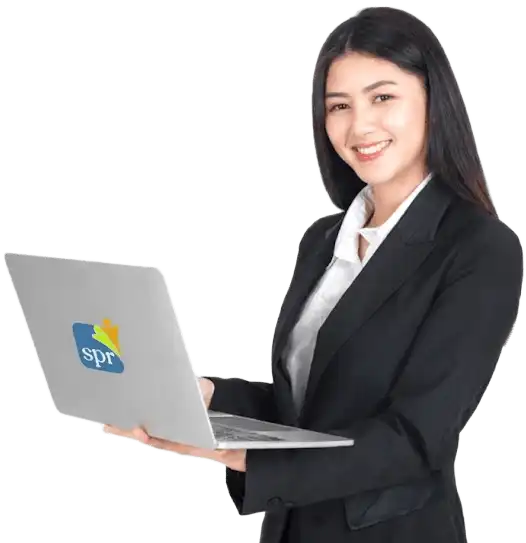 Professional remote staffing specialist holding laptop with SPR logo for Search Party Recruiting services