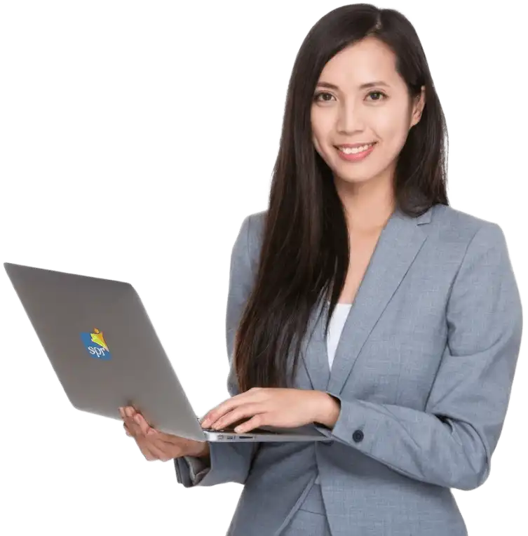 Smiling professional woman using a laptop with the Search Party Recruiting logo, representing remote staffing services