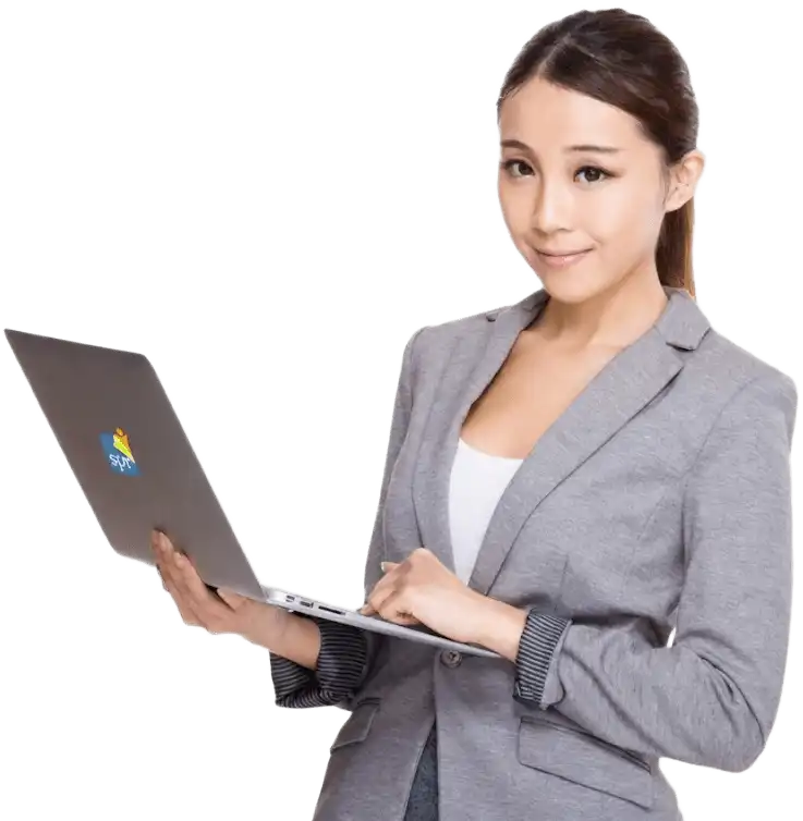 Professional woman using a laptop with the Search Party Recruiting logo, representing virtual staffing services
