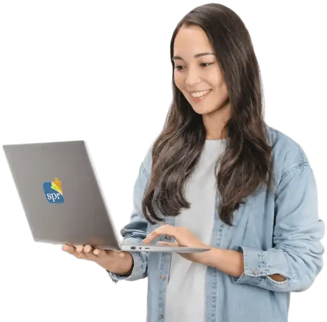 Woman in denim jacket using laptop with SPR logo, representing Search Party Recruiting&rsquo;s remote hiring services