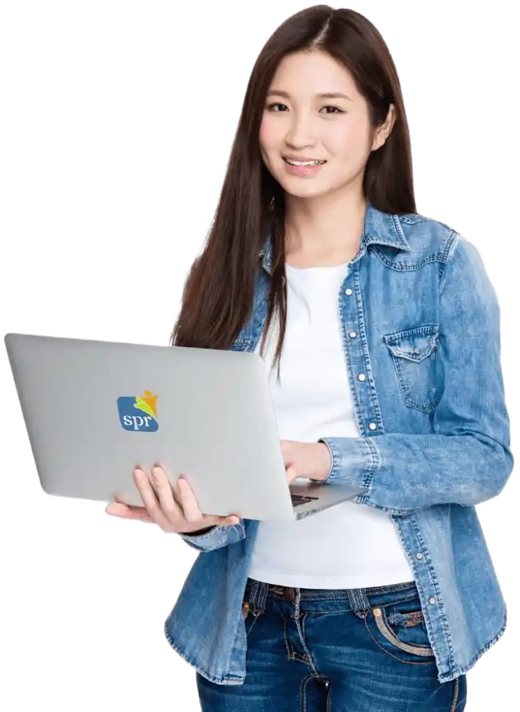 Smiling professional using SPR-branded laptop while supporting Search Party Recruiting&rsquo;s remote staffing services