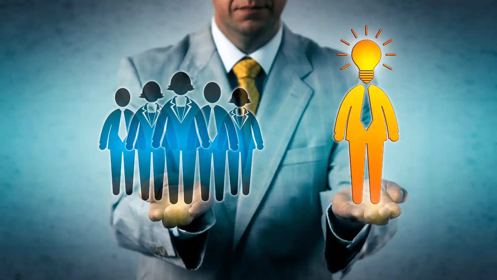 Business professional holding icons of a team and a standout candidate with a lightbulb symbol for leadership potential
